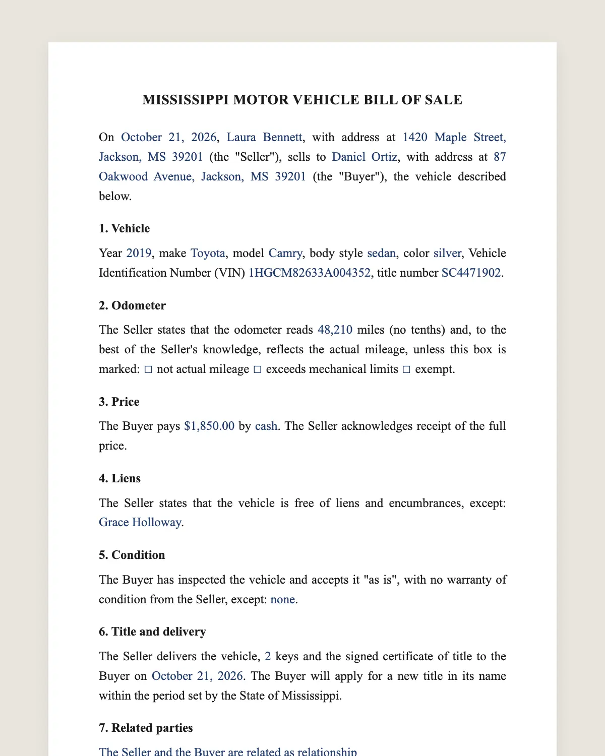 Mississippi bill of sale example, filled in with sample data