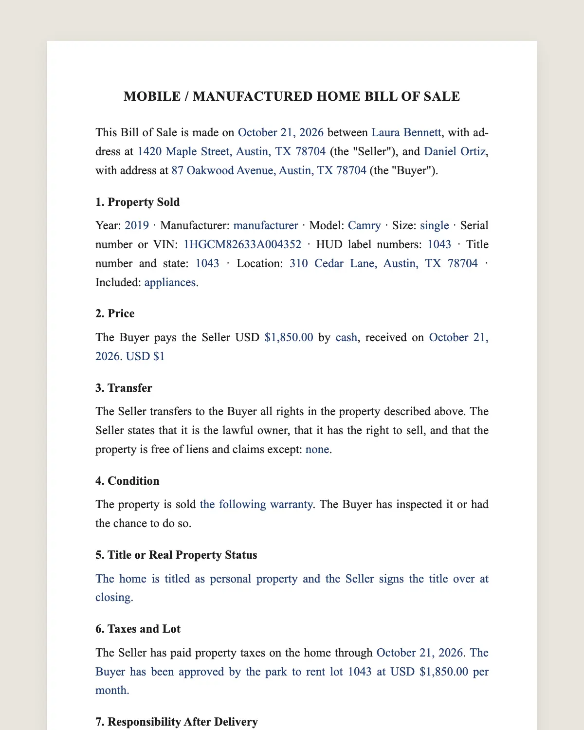 Mobile home bill of sale example, filled in with sample data