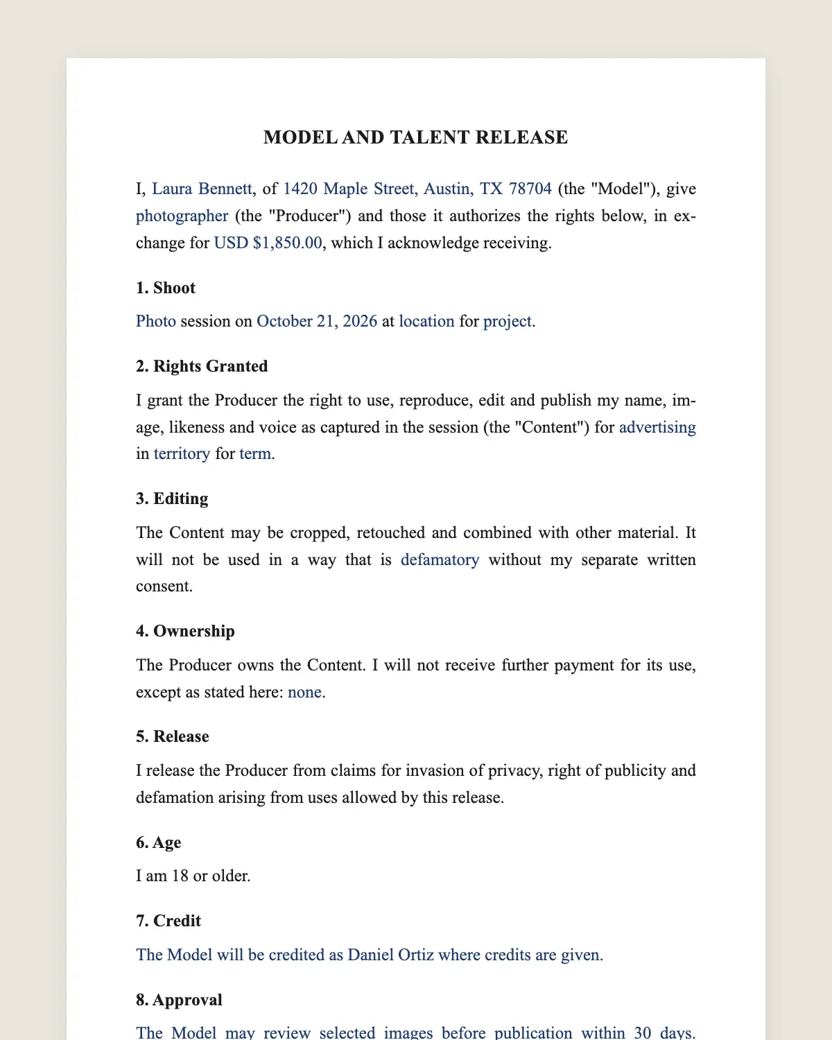 Model release form example, filled in with sample data
