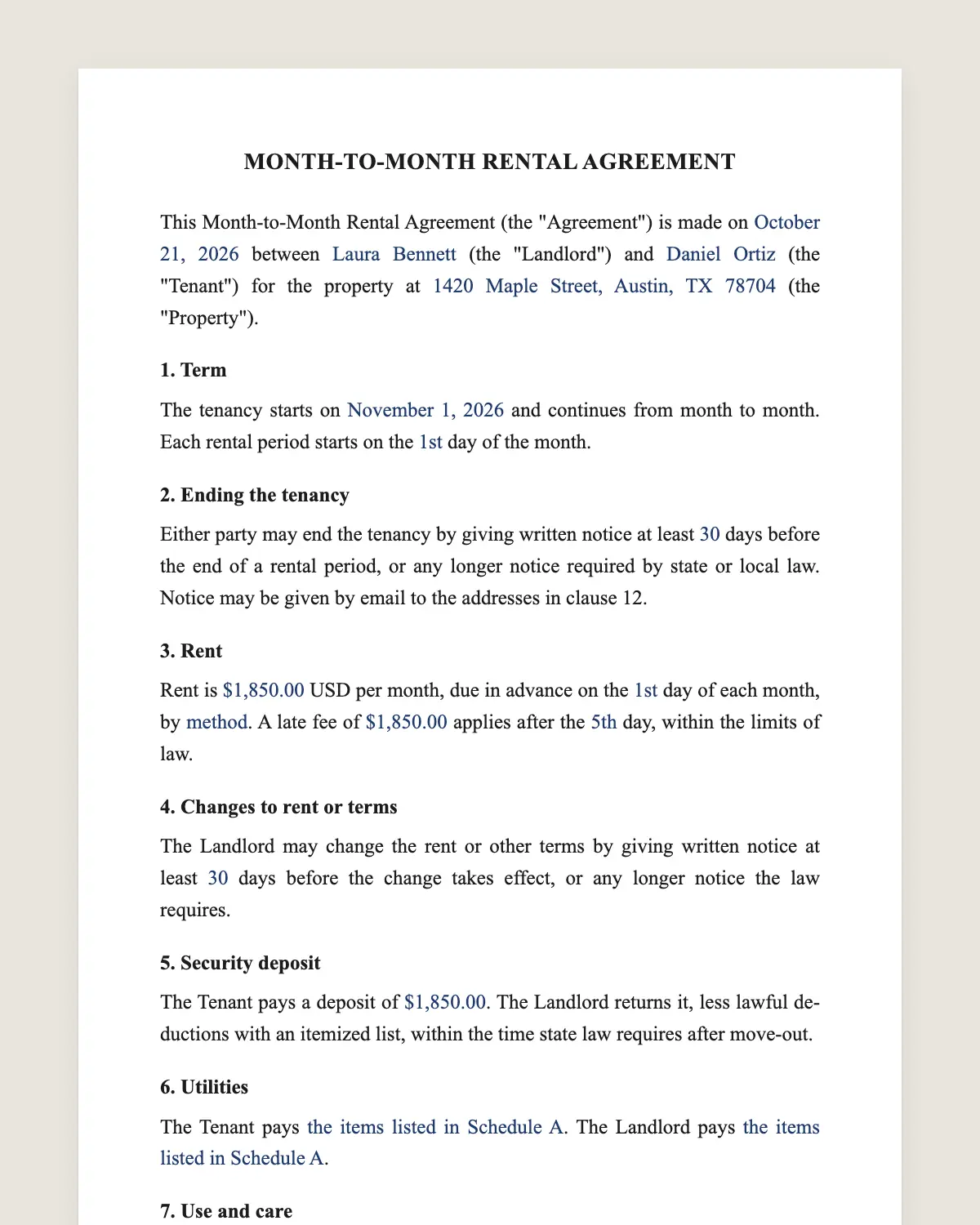 Month-to-month lease example, filled in with sample data