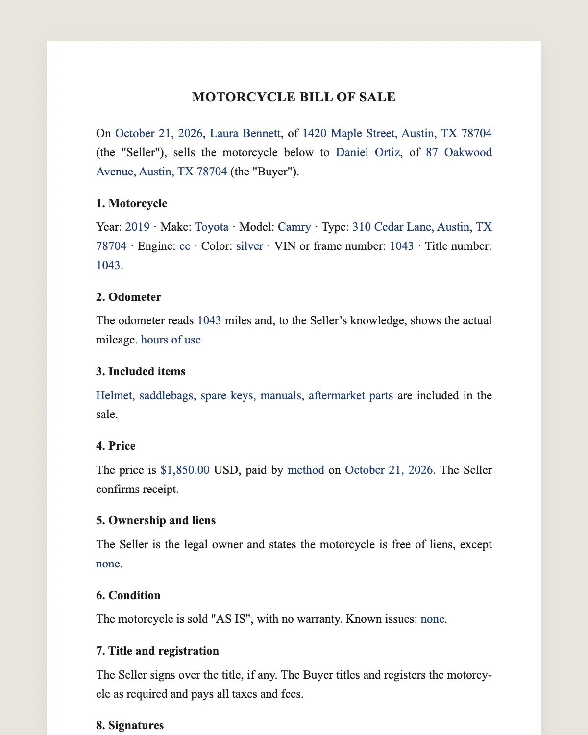 Motorcycle bill of sale example, filled in with sample data