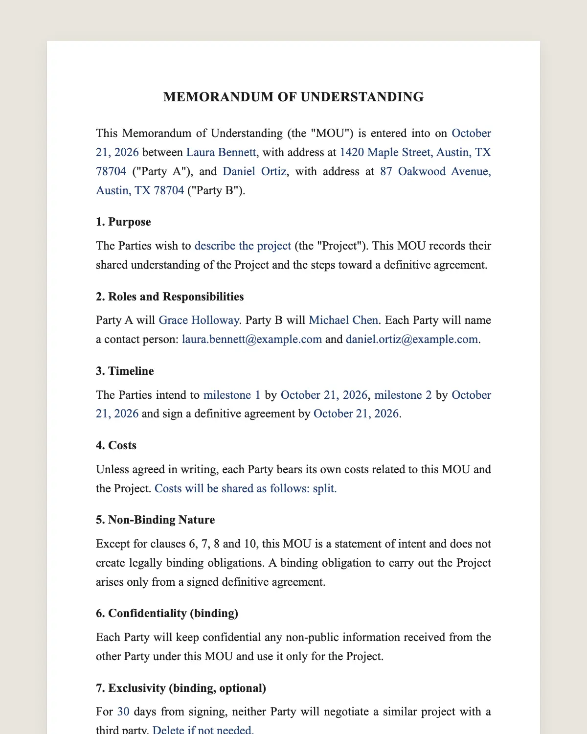 Memorandum of understanding example, filled in with sample data