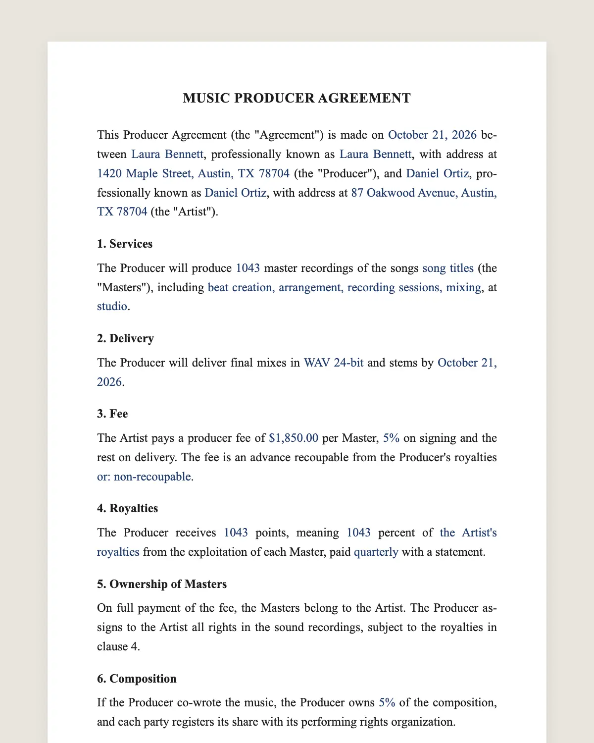 Music producer agreement example, filled in with sample data