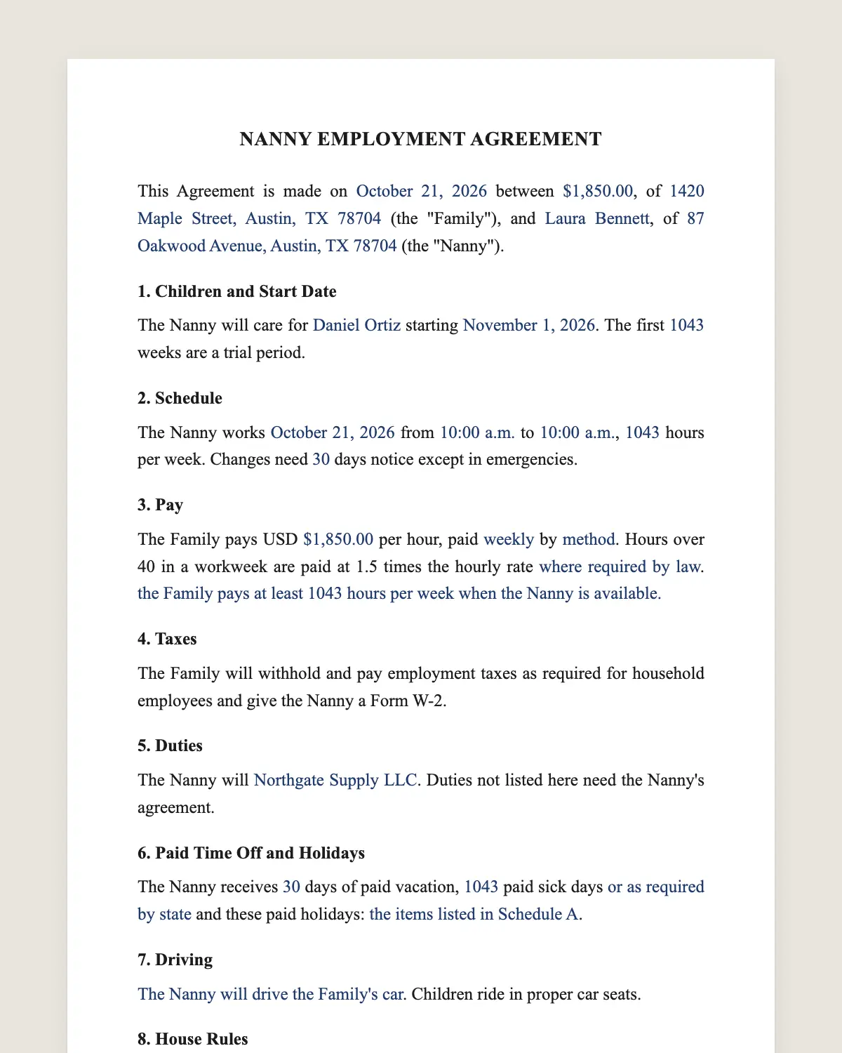 Nanny contract example, filled in with sample data