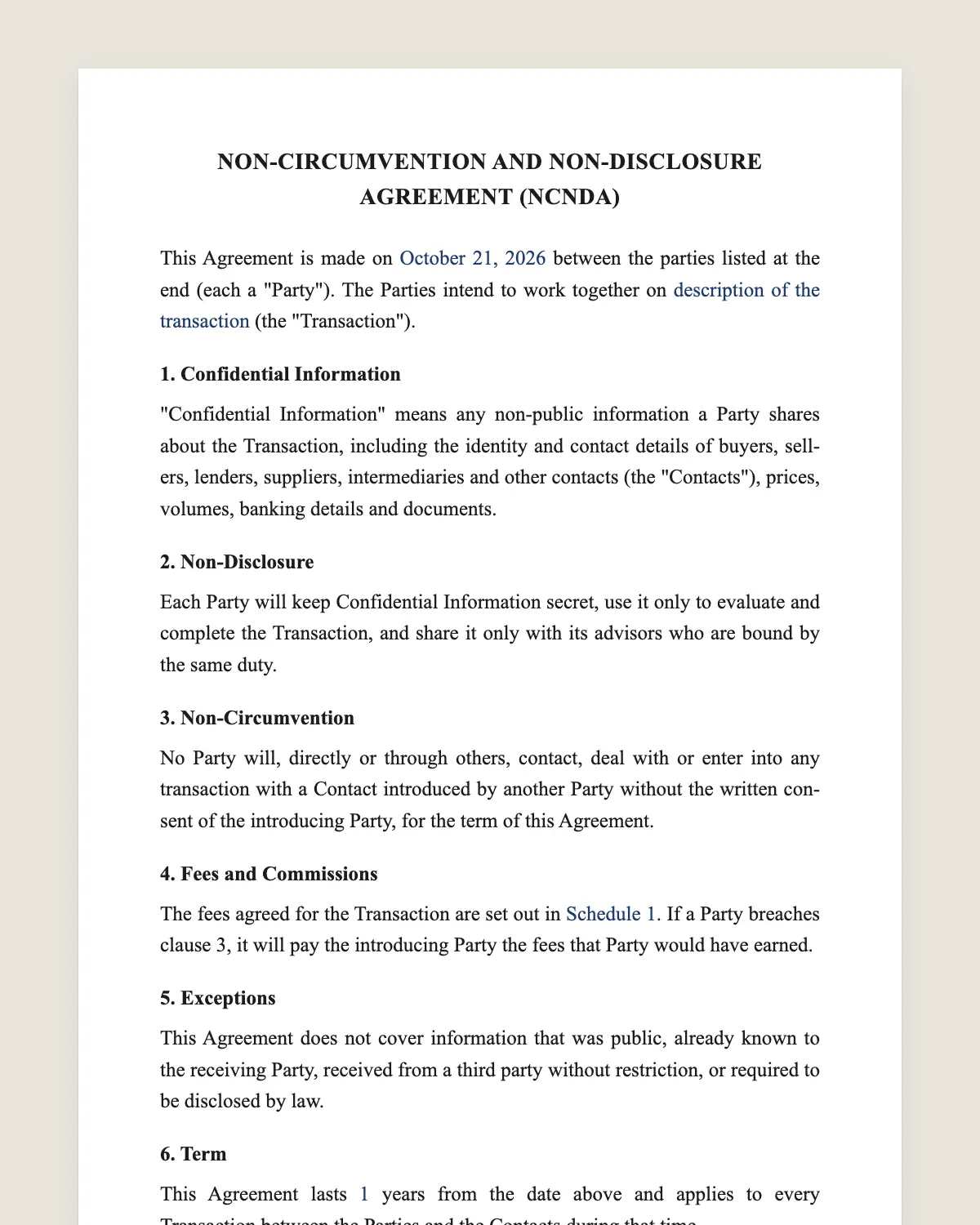 NCNDA agreement example, filled in with sample data