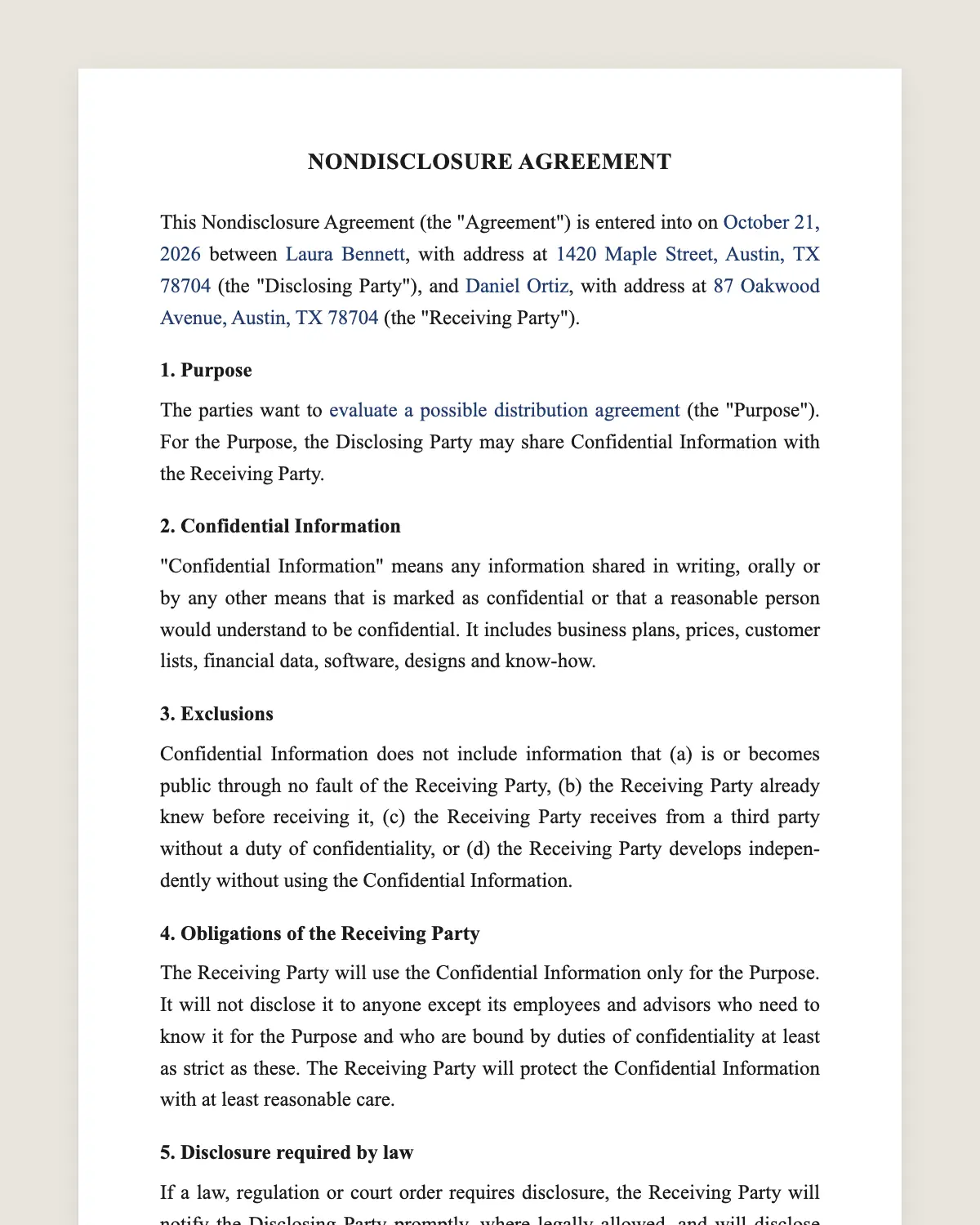 Nondisclosure agreement example, filled in with sample data