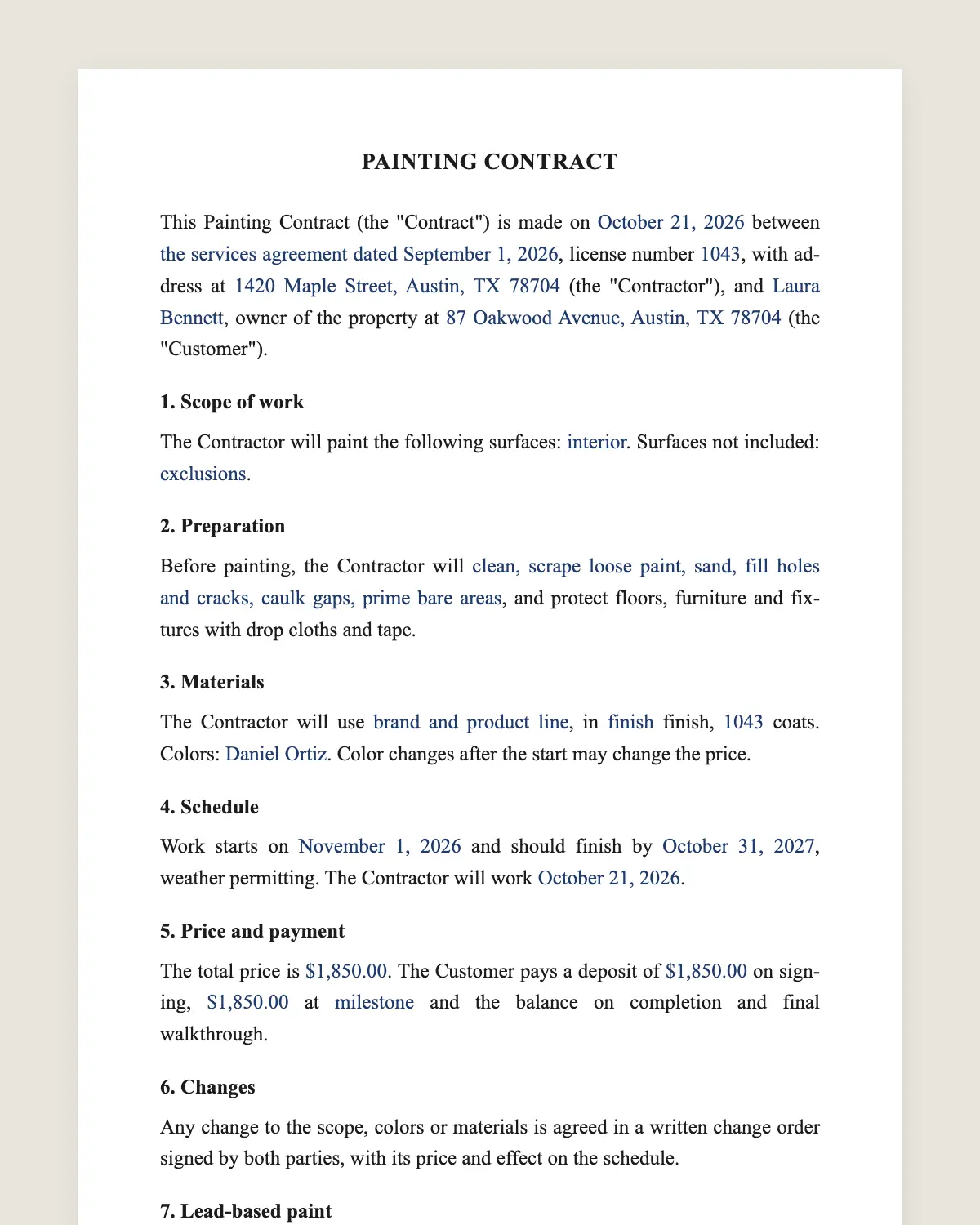 Painter contract example, filled in with sample data