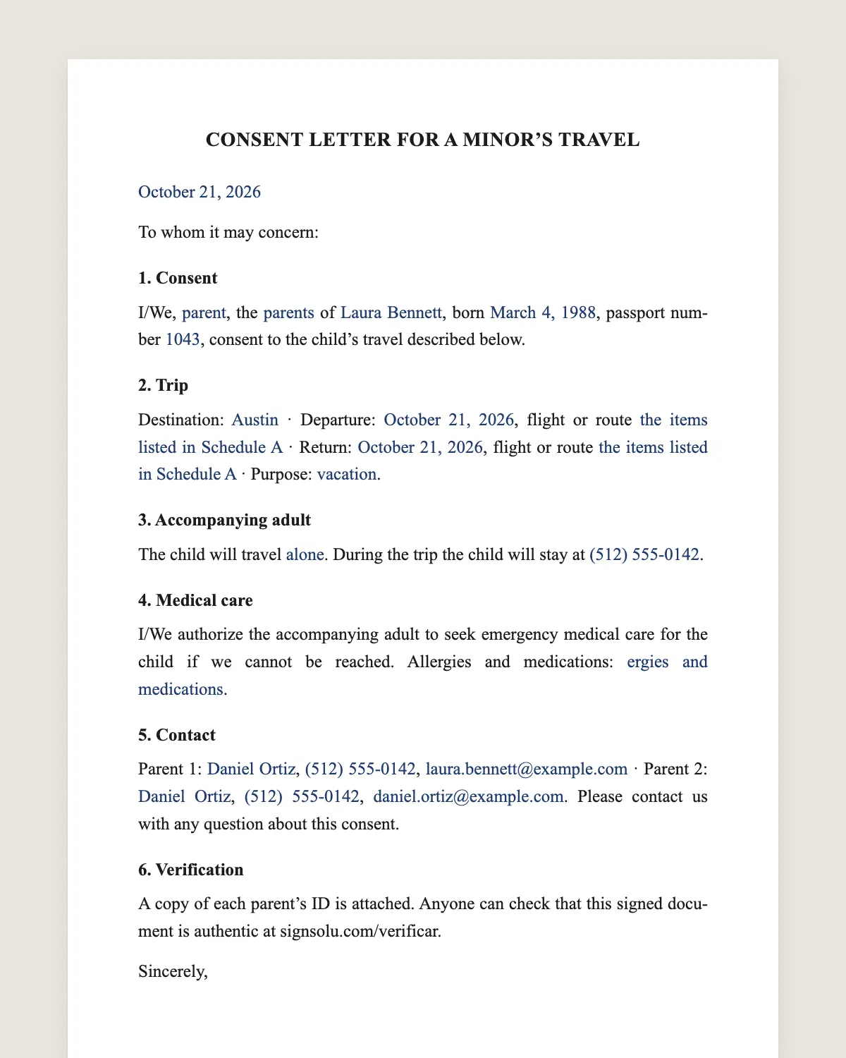 Travel consent letter example, filled in with sample data