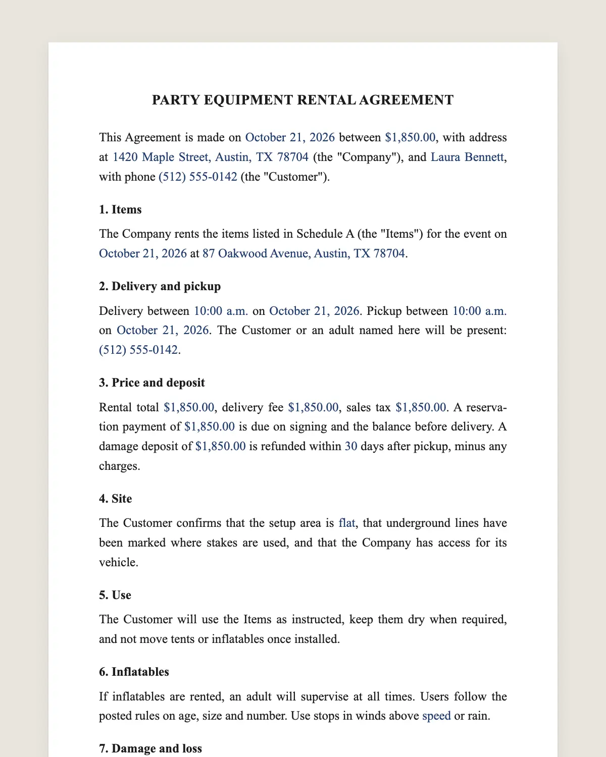 Party rental contract example, filled in with sample data