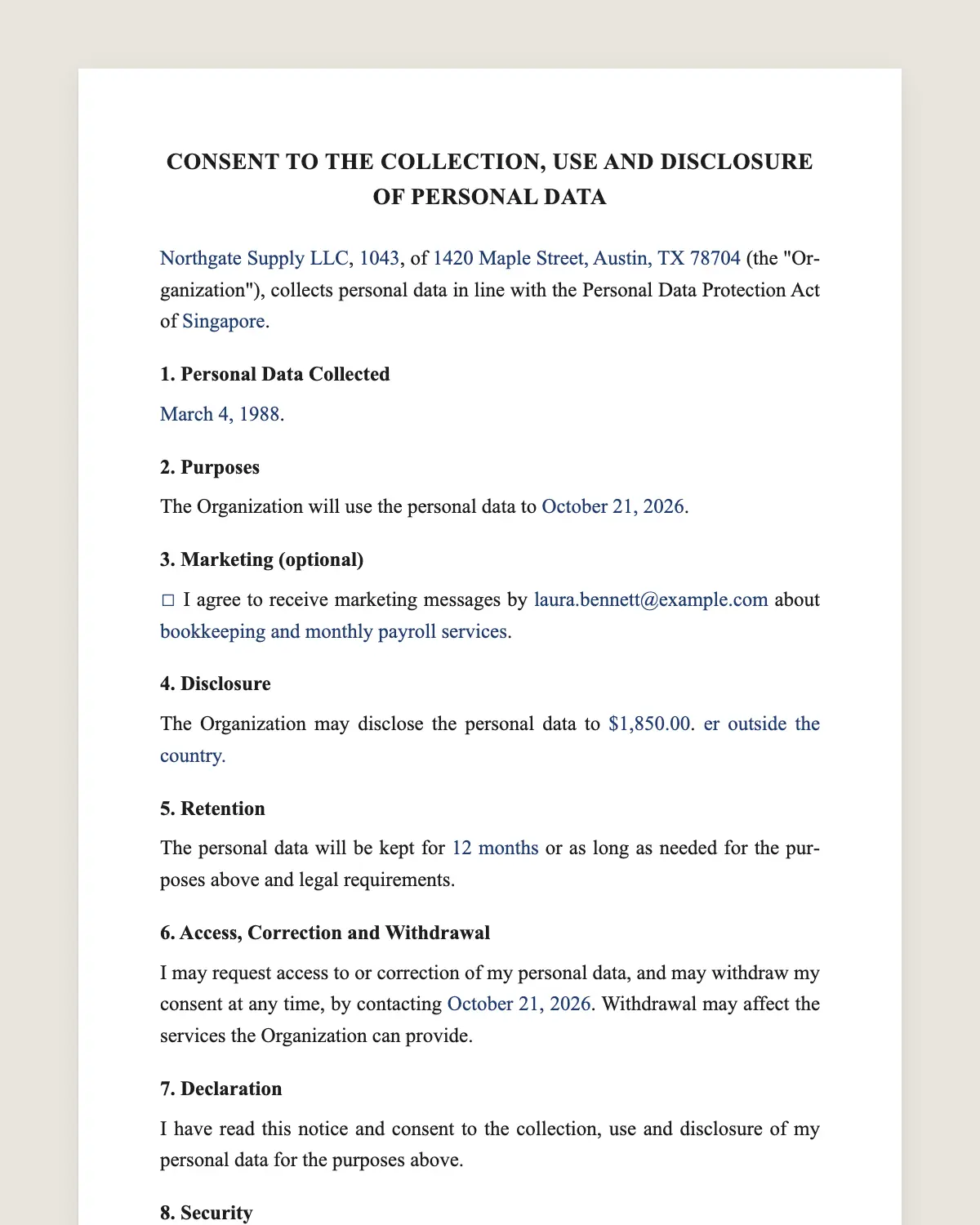 PDPA consent form example, filled in with sample data