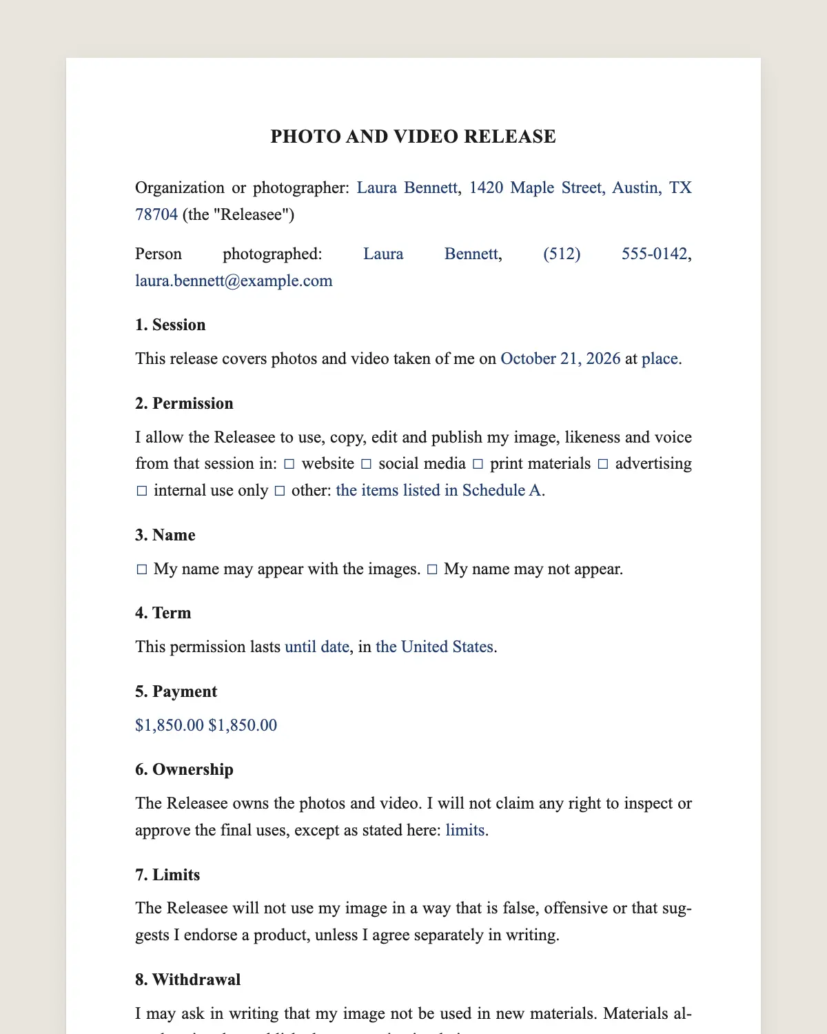 Photo release form example, filled in with sample data