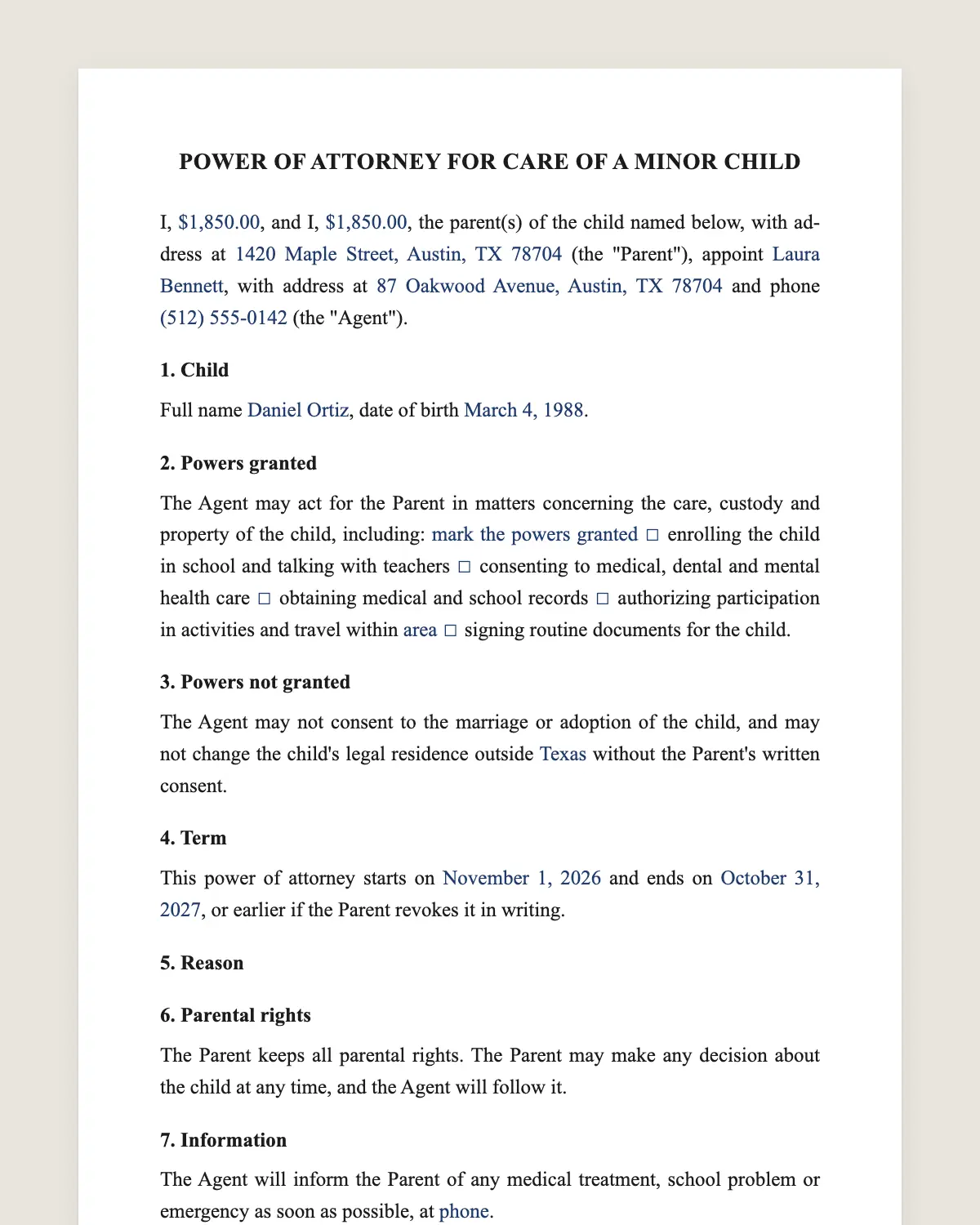Power of attorney for a minor example, filled in with sample data