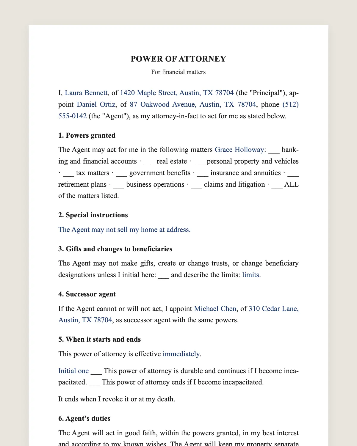 Power of attorney example, filled in with sample data