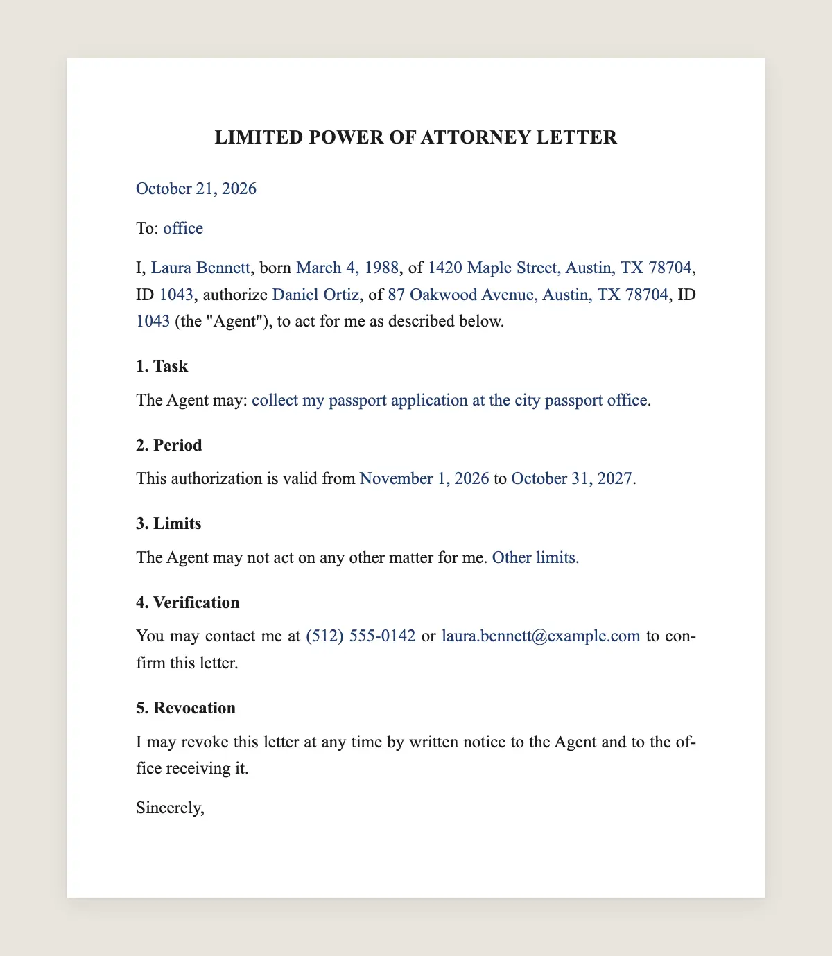 Power of attorney letter example, filled in with sample data