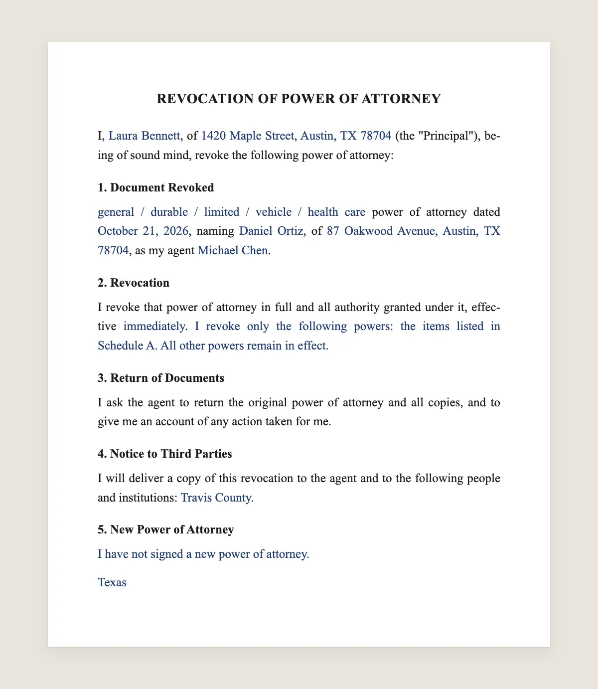 Power of attorney revocation example, filled in with sample data