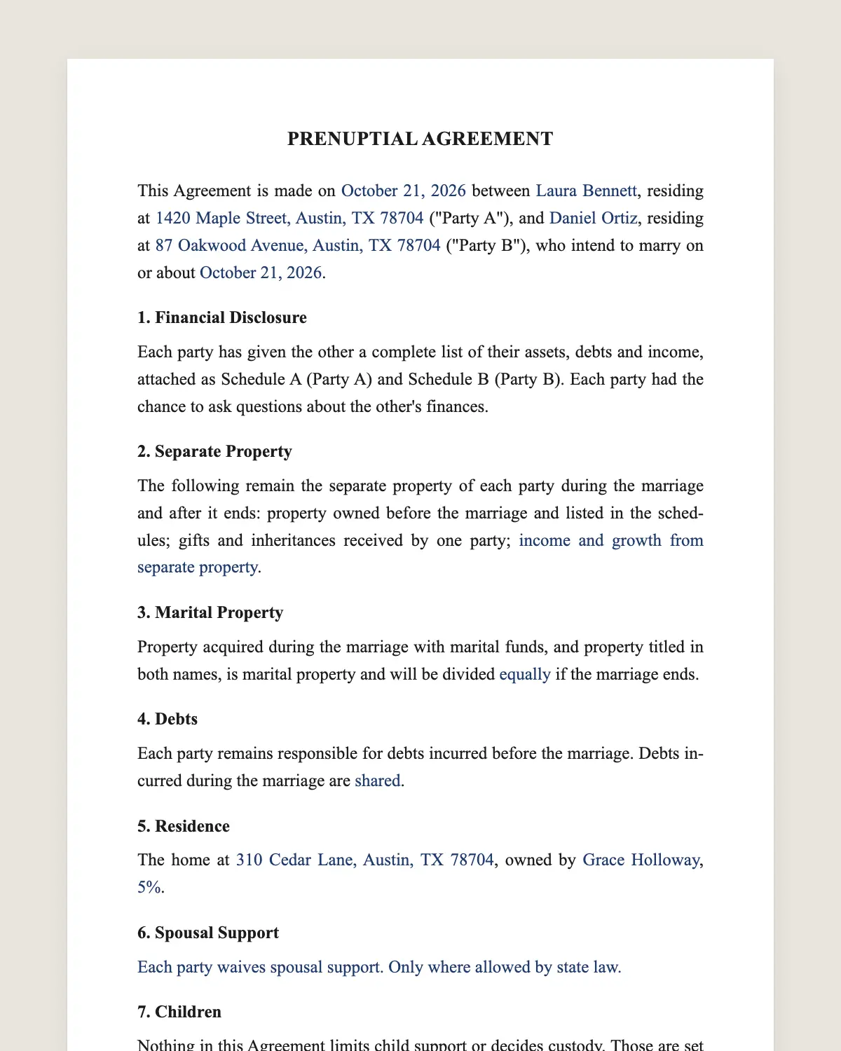 Prenuptial agreement example, filled in with sample data