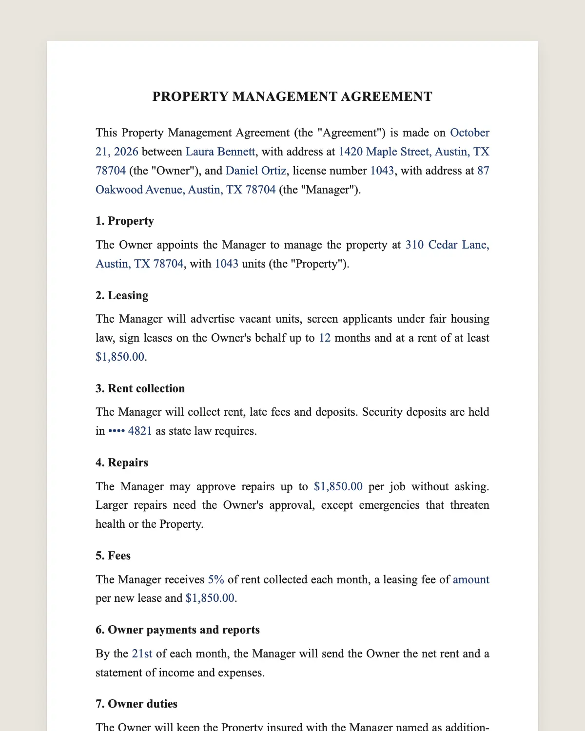 Property management agreement example, filled in with sample data