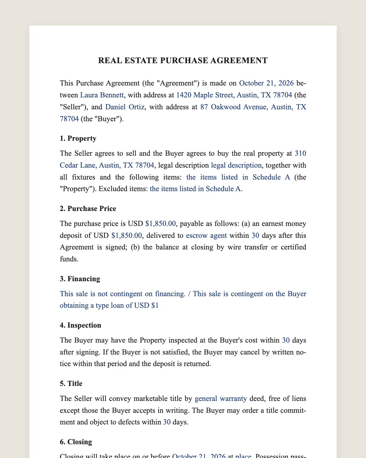 Purchase agreement example, filled in with sample data