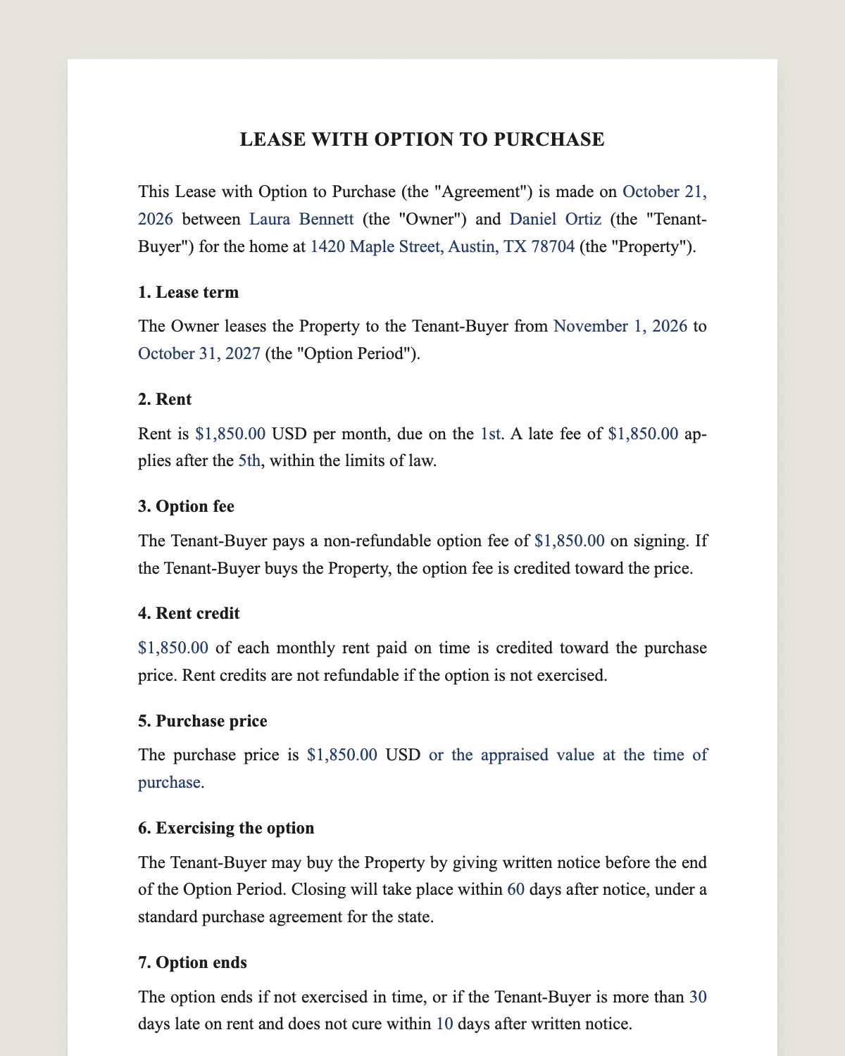 Rent-to-own contract example, filled in with sample data