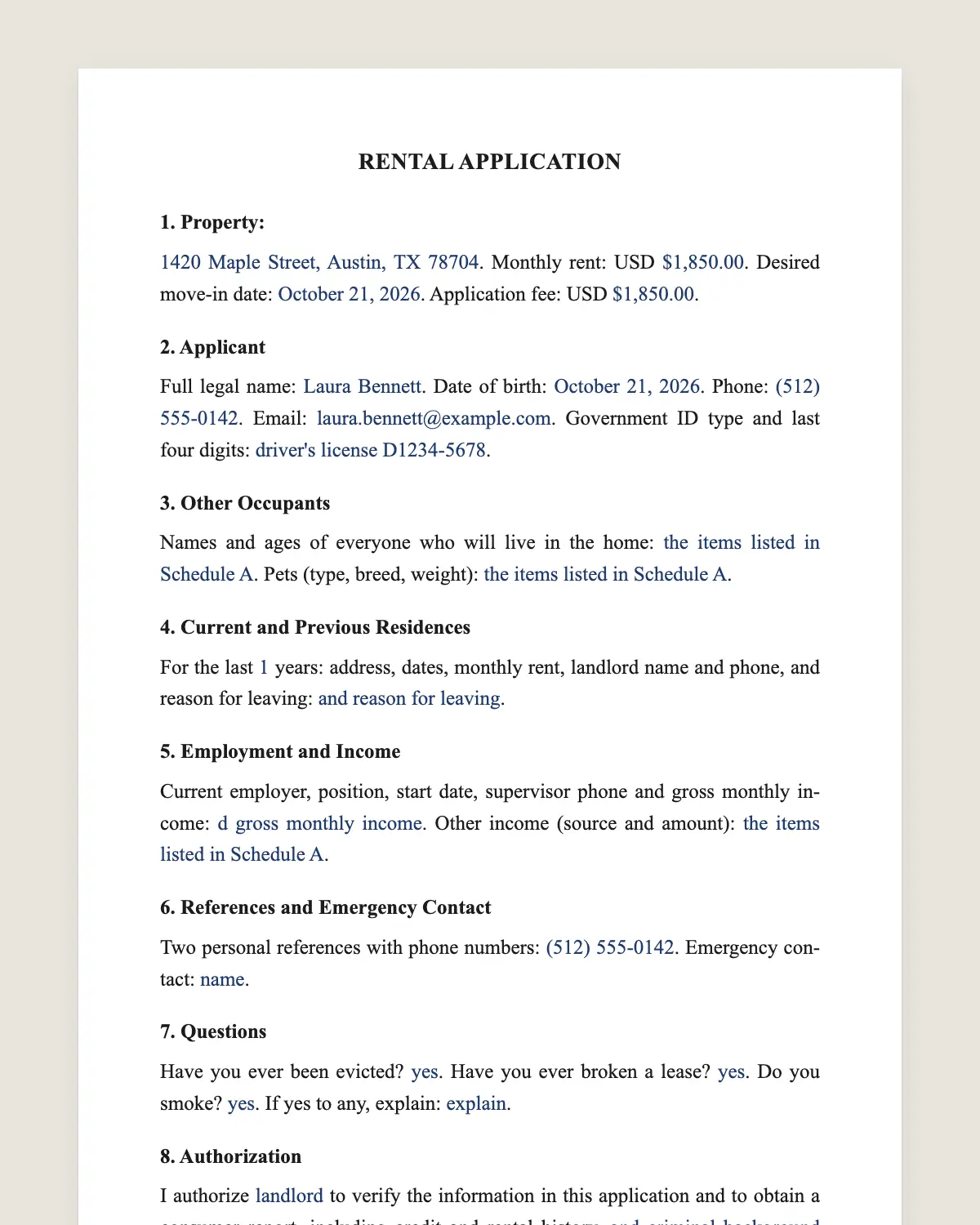 Rental application example, filled in with sample data