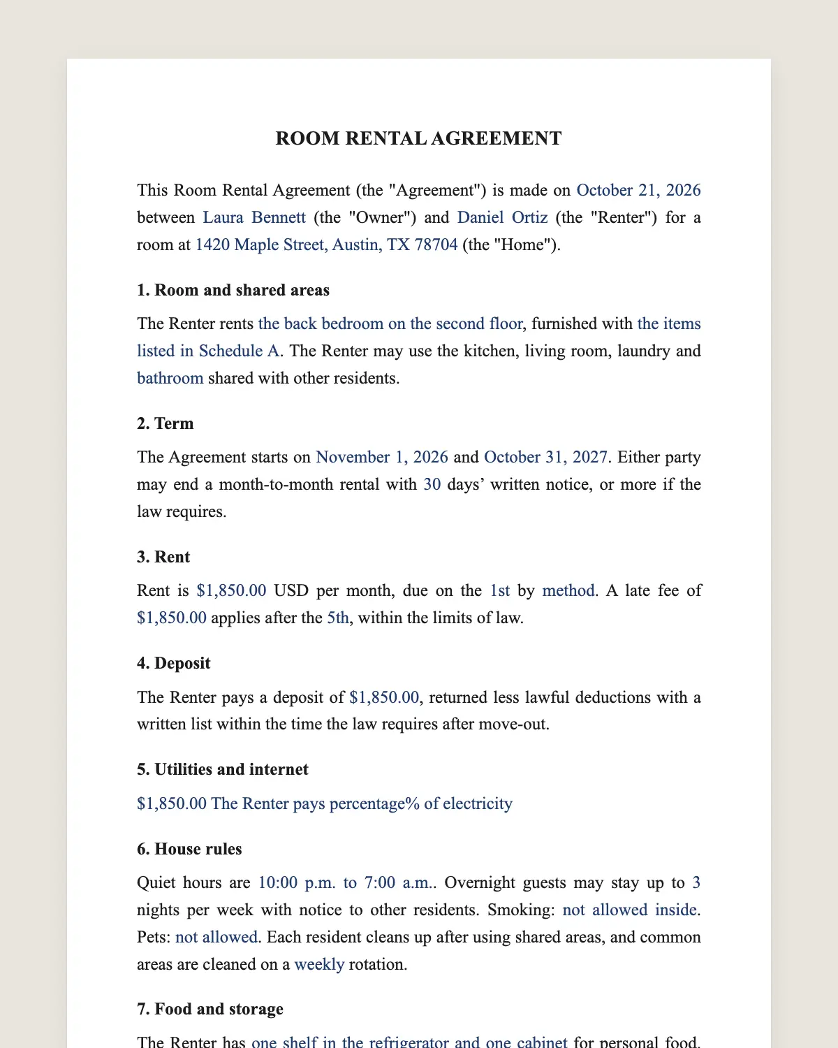 Room rental agreement example, filled in with sample data