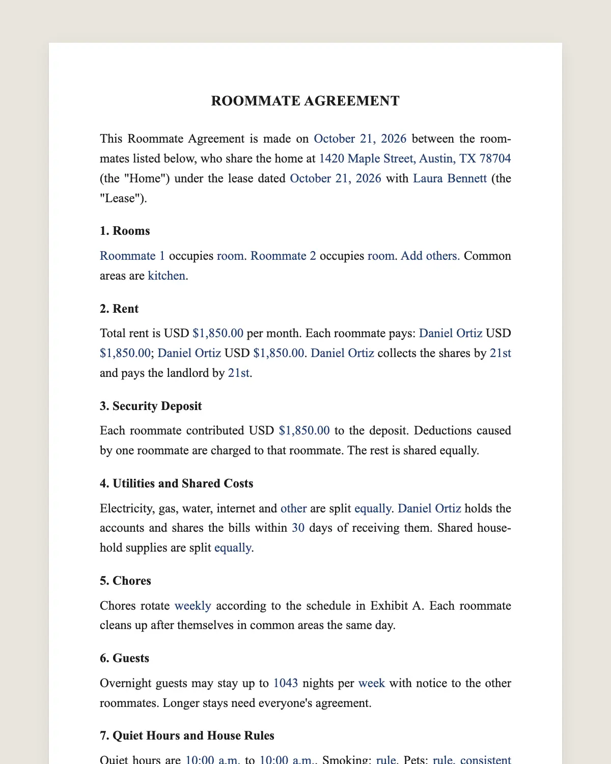 Roommate agreement example, filled in with sample data