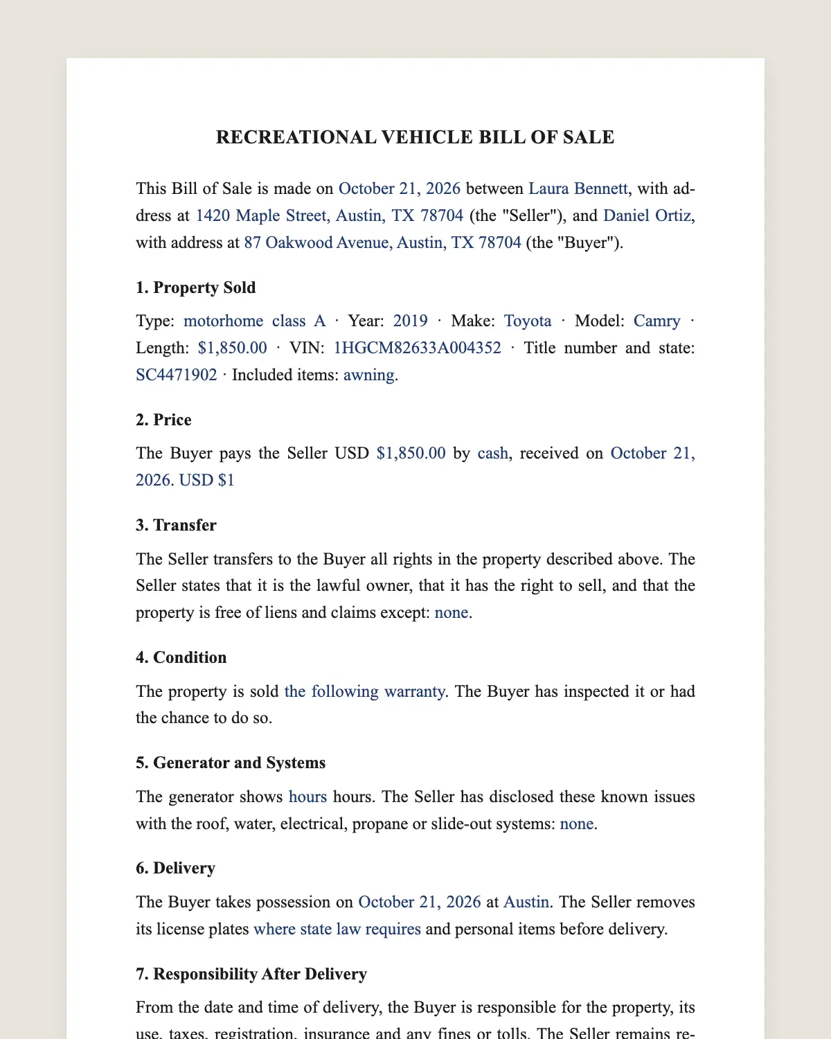 RV bill of sale example, filled in with sample data
