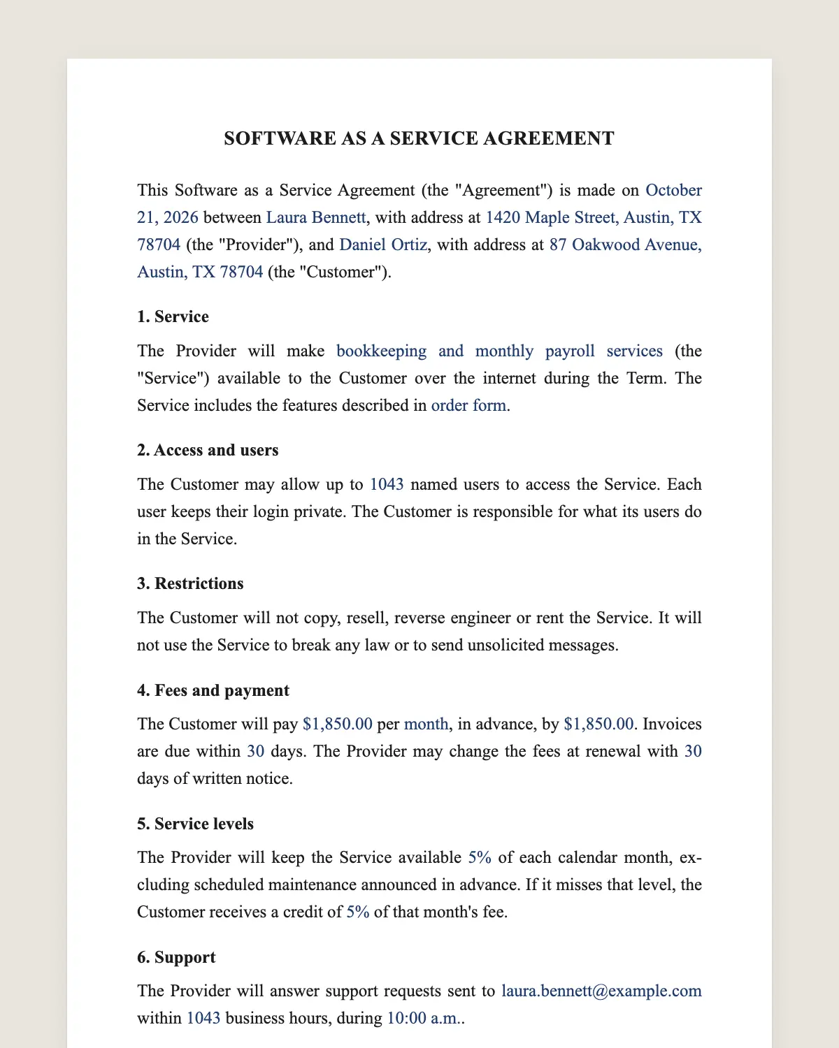 SaaS agreement example, filled in with sample data