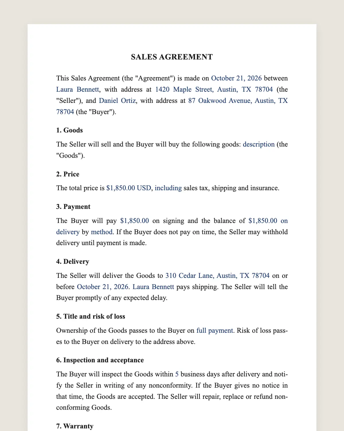Sales contract example, filled in with sample data