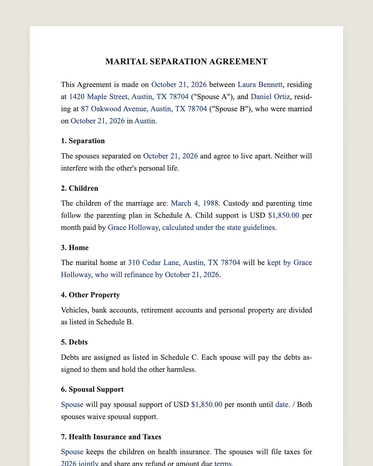 Separation agreement example, filled in with sample data