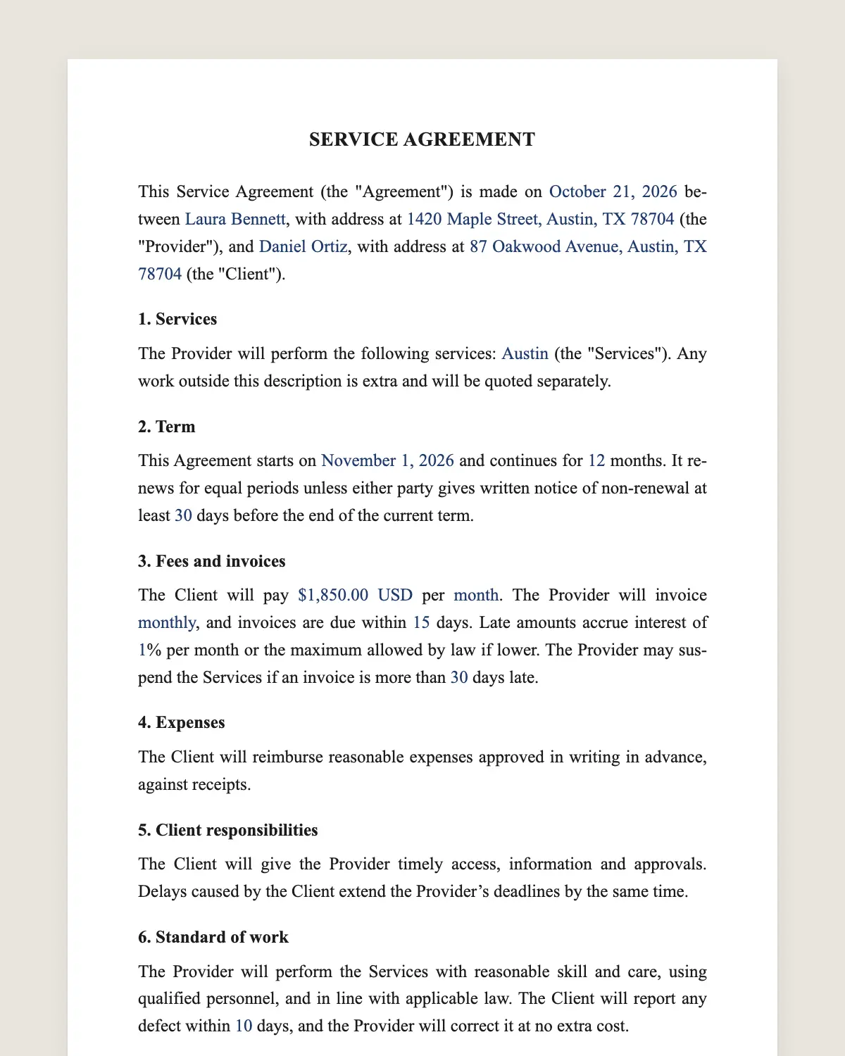 Service agreement example, filled in with sample data