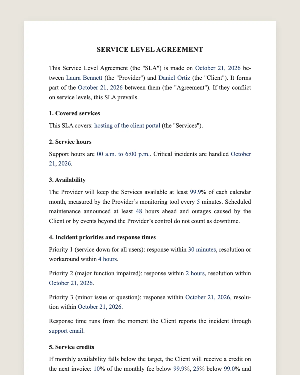 Service level agreement example, filled in with sample data