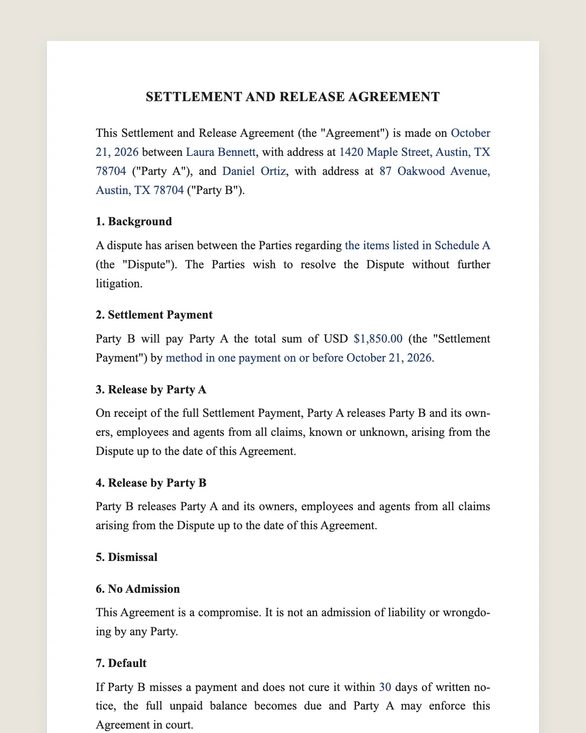Settlement agreement example, filled in with sample data