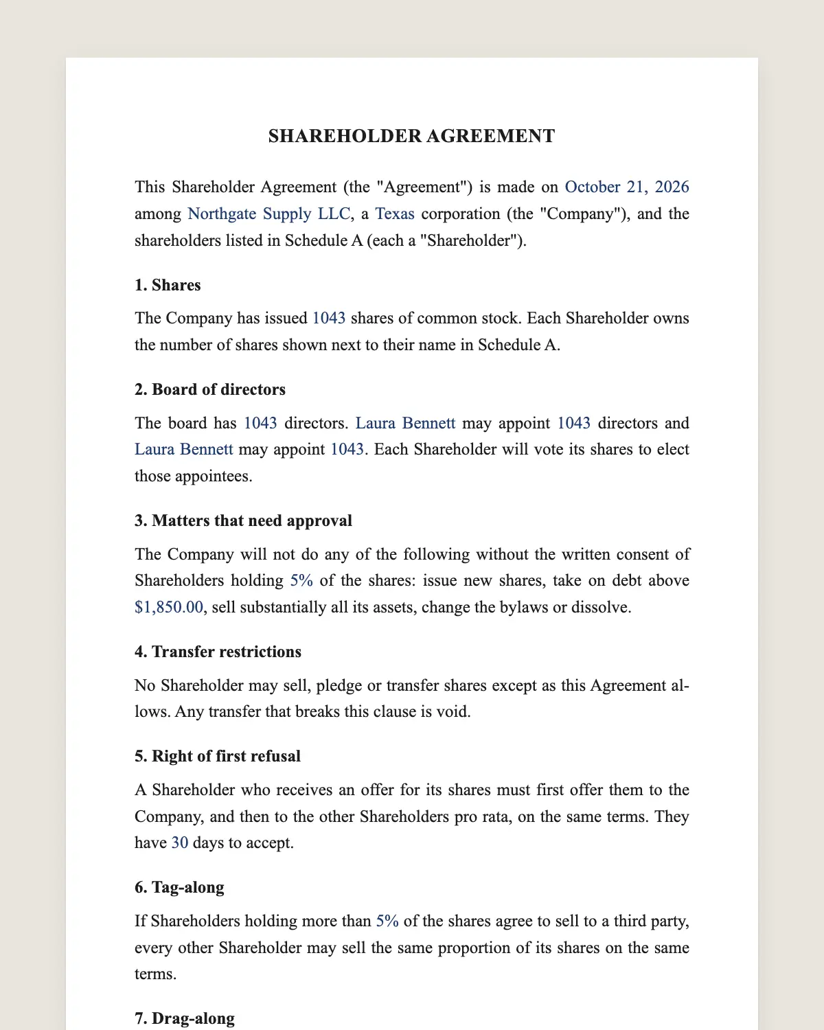 Shareholder agreement example, filled in with sample data