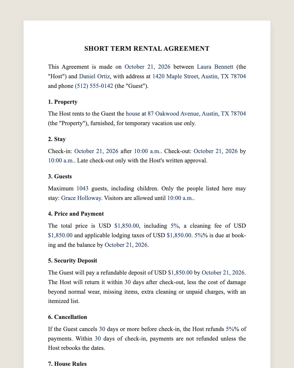 Short term rental agreement example, filled in with sample data