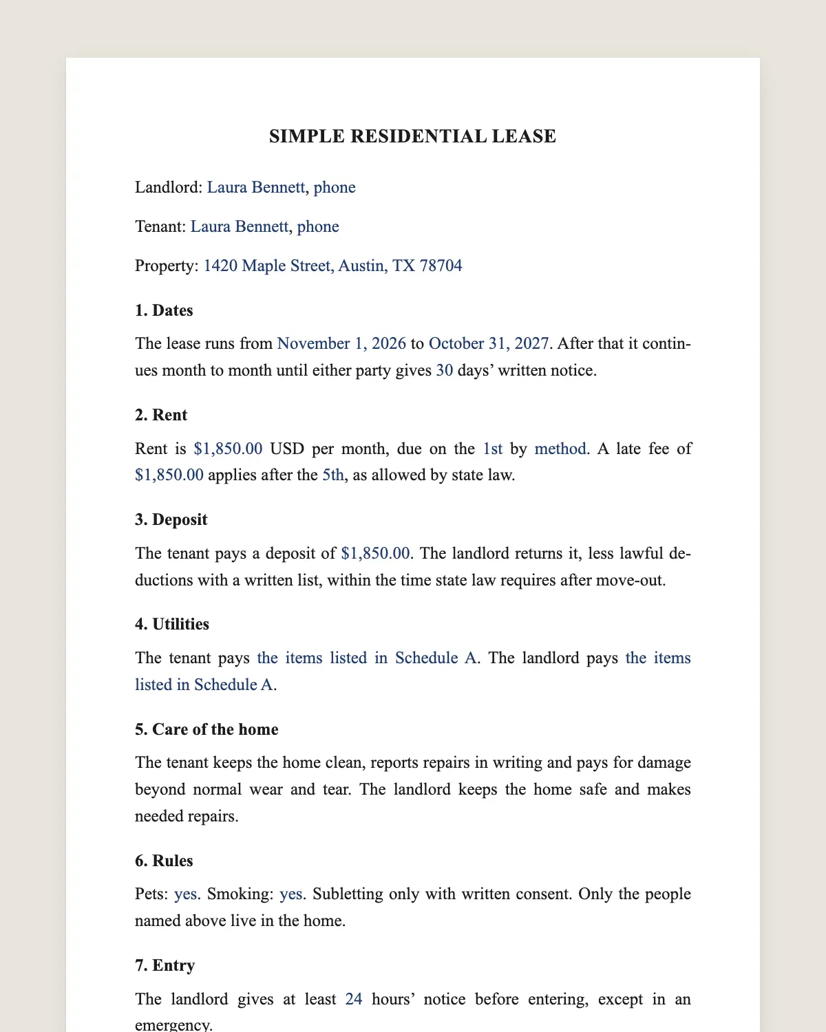 Simple lease agreement example, filled in with sample data