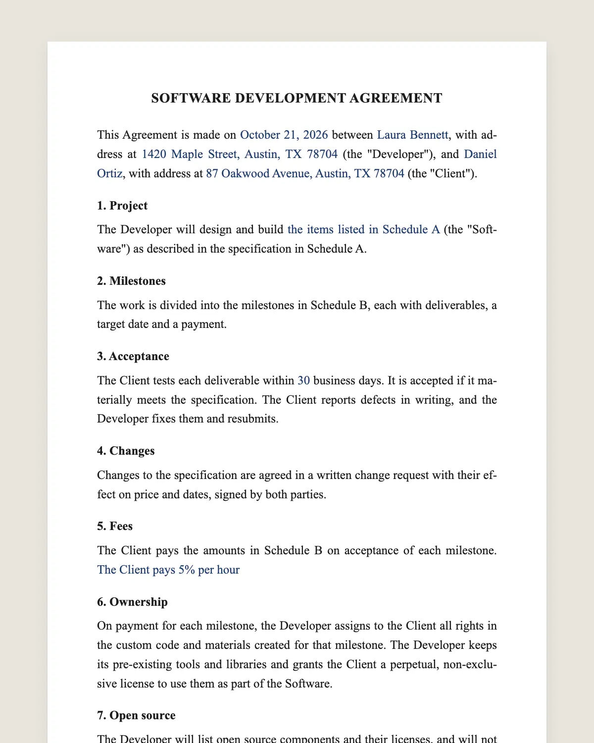 Software development agreement example, filled in with sample data