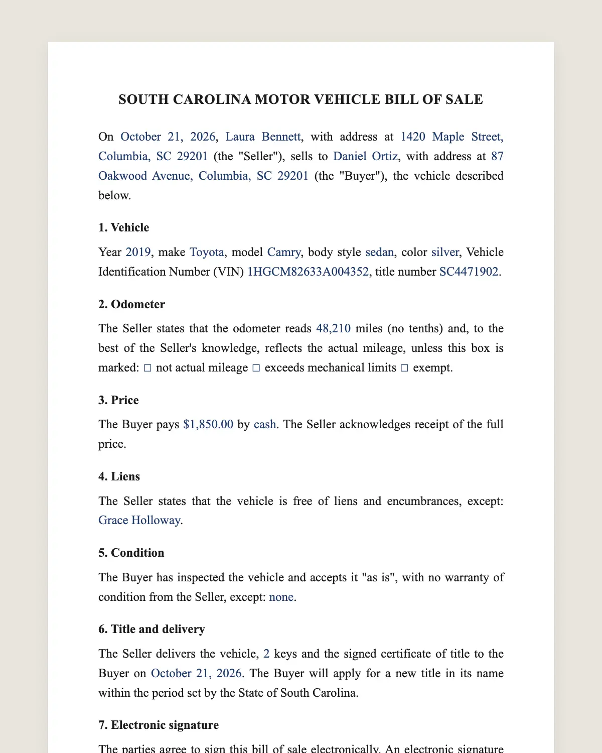 South Carolina bill of sale example, filled in with sample data