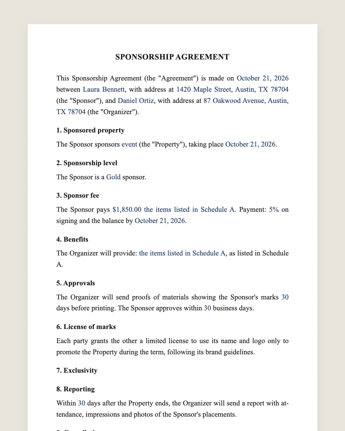 Sponsorship agreement example, filled in with sample data