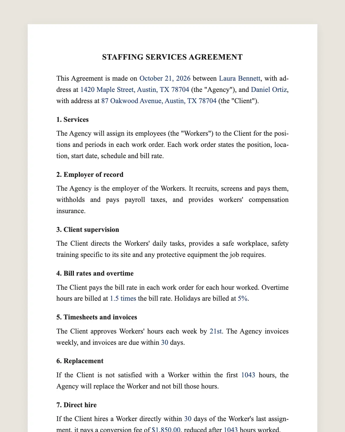 Staffing services agreement example, filled in with sample data