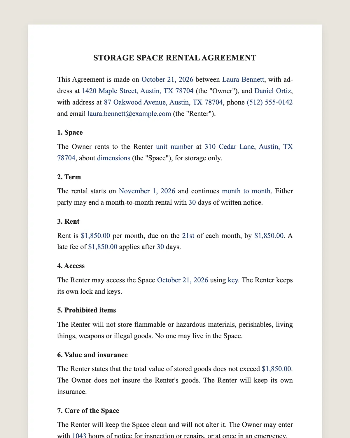 Storage agreement example, filled in with sample data