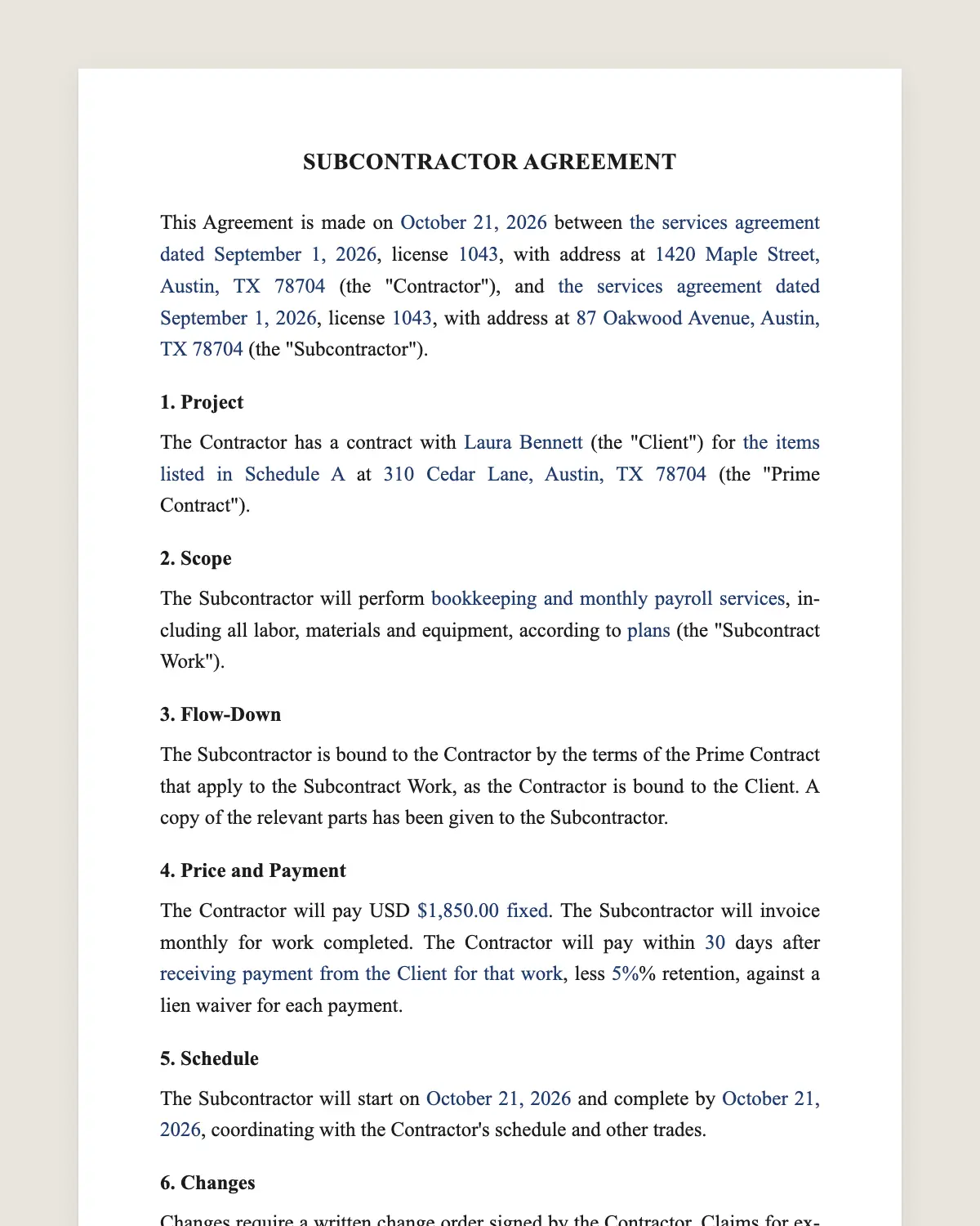 Subcontractor agreement example, filled in with sample data
