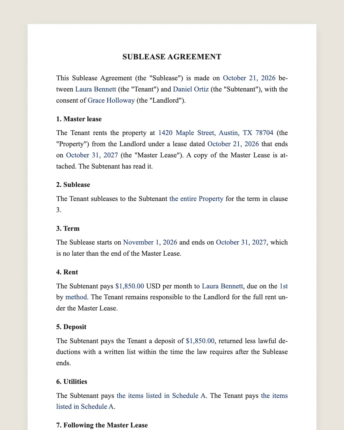 Sublease agreement example, filled in with sample data