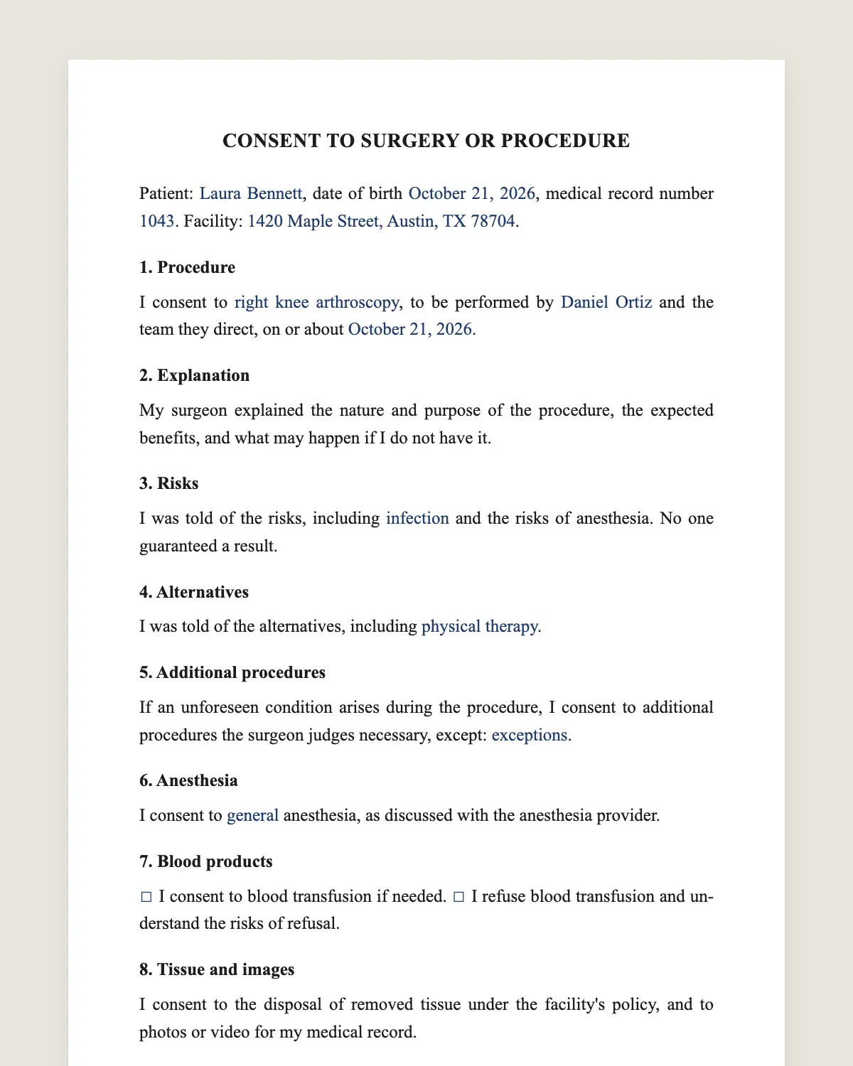 Surgical consent form example, filled in with sample data