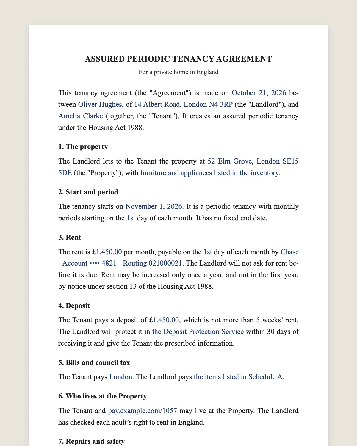 Tenancy agreement example, filled in with sample data