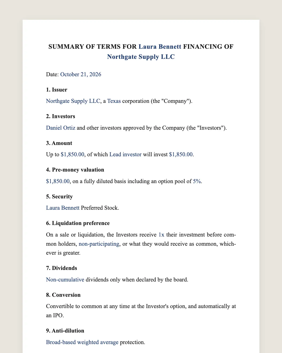 Term sheet example, filled in with sample data