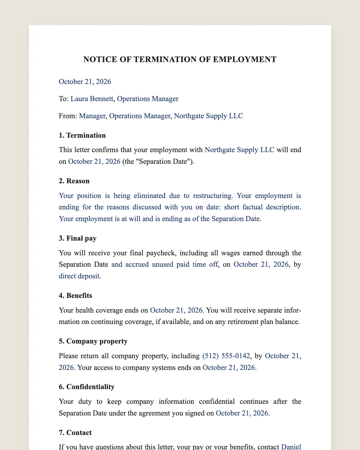 Termination letter example, filled in with sample data