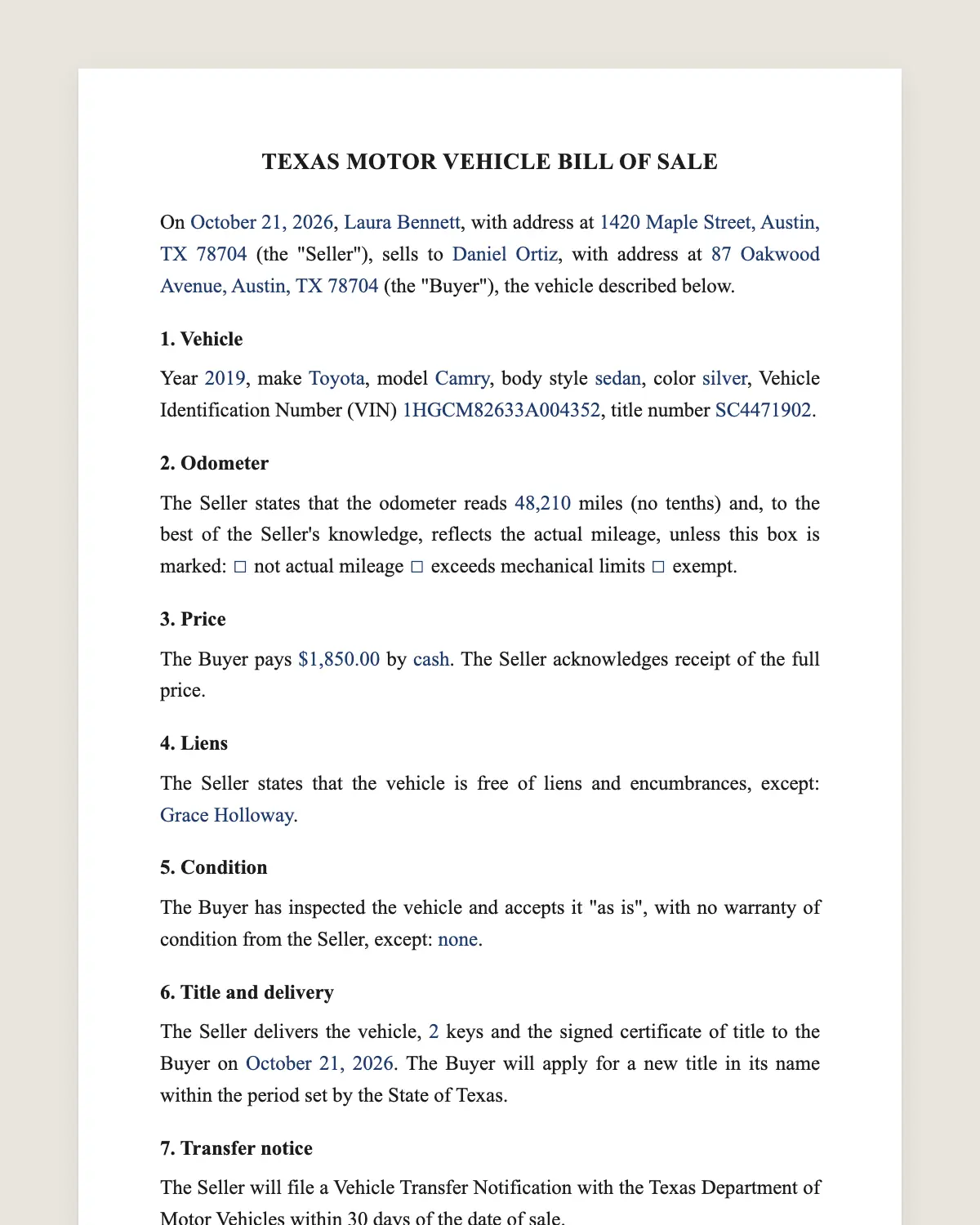 Texas bill of sale example, filled in with sample data
