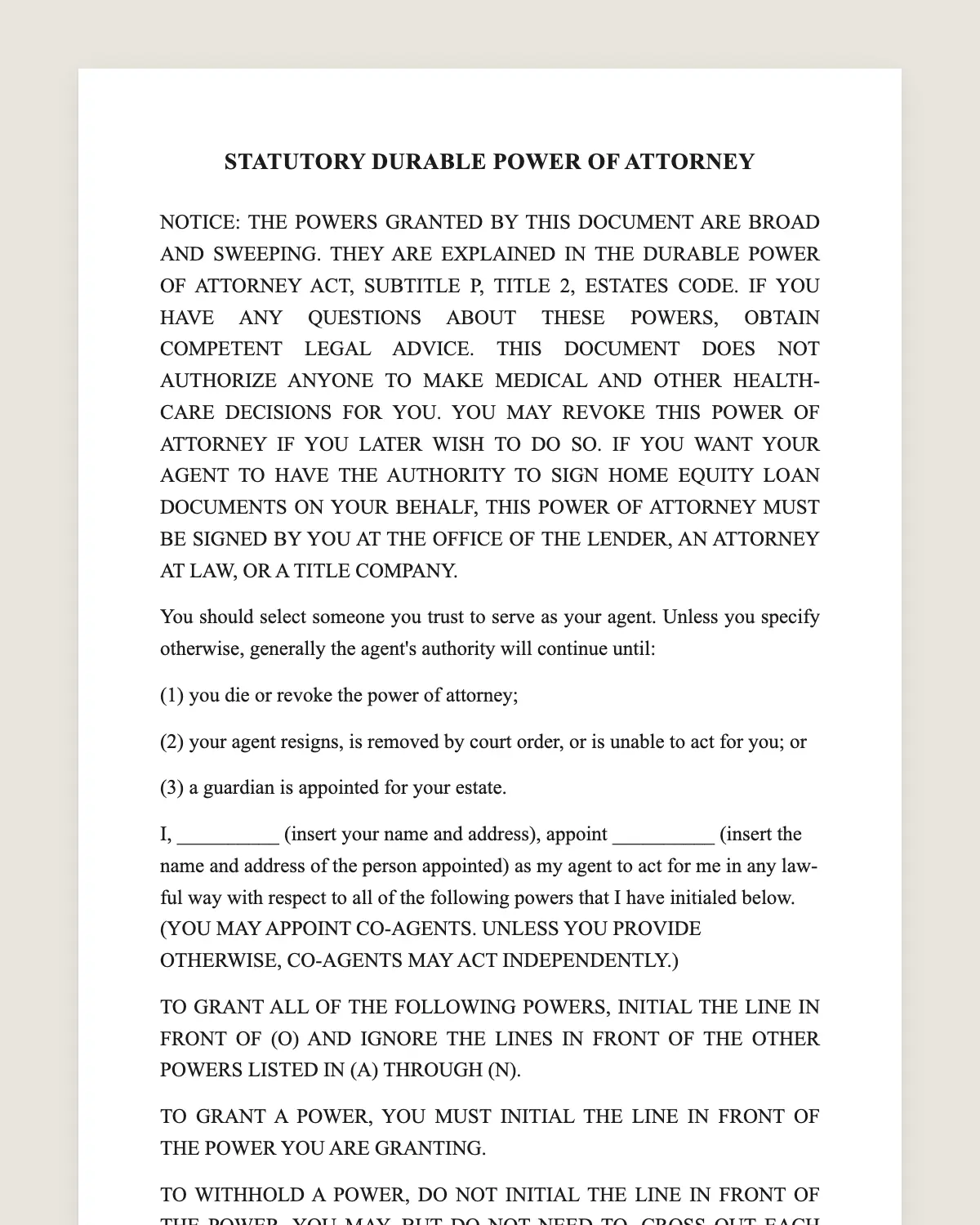 Texas statutory durable power of attorney example, filled in with sample data