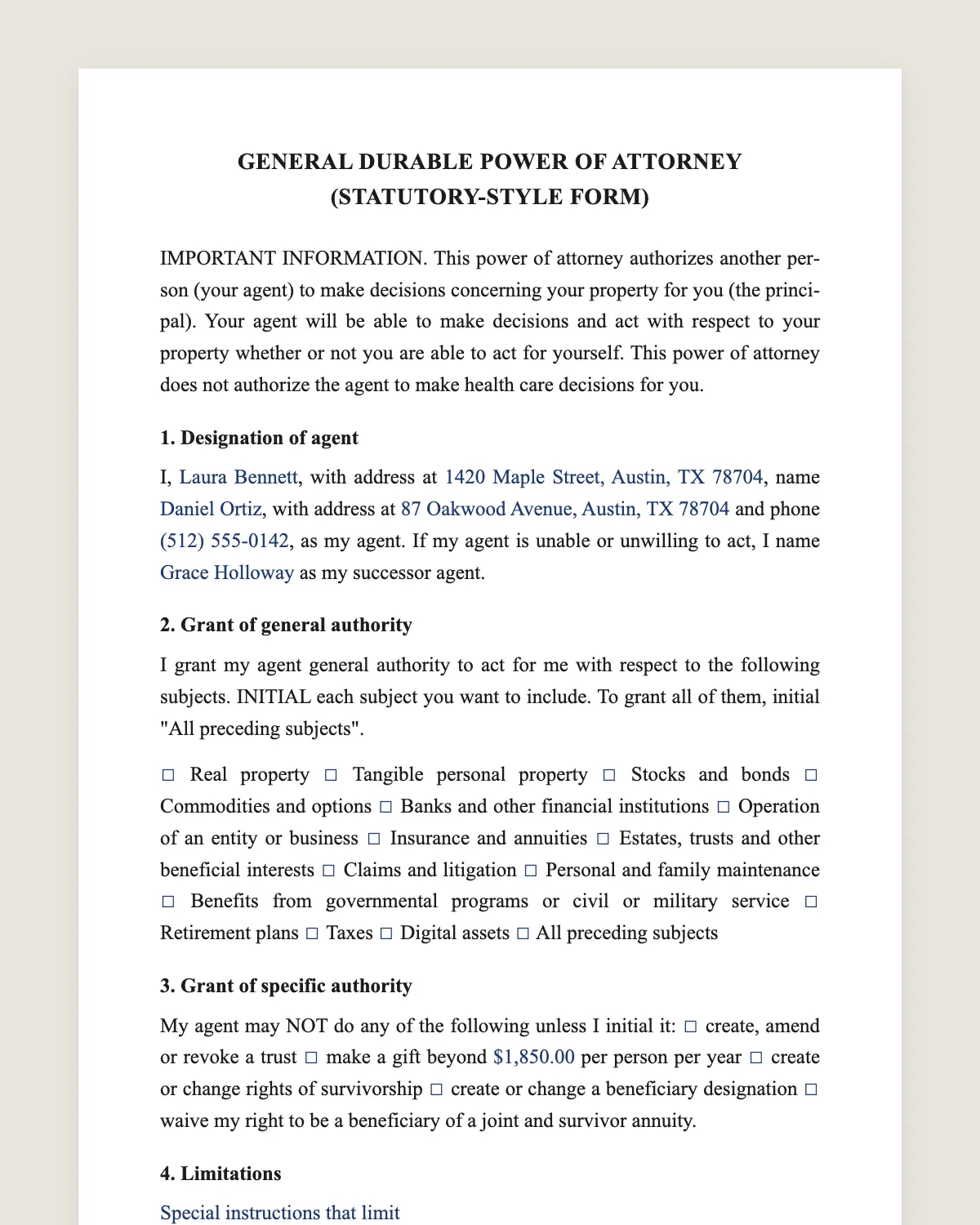 Statutory form power of attorney example, filled in with sample data